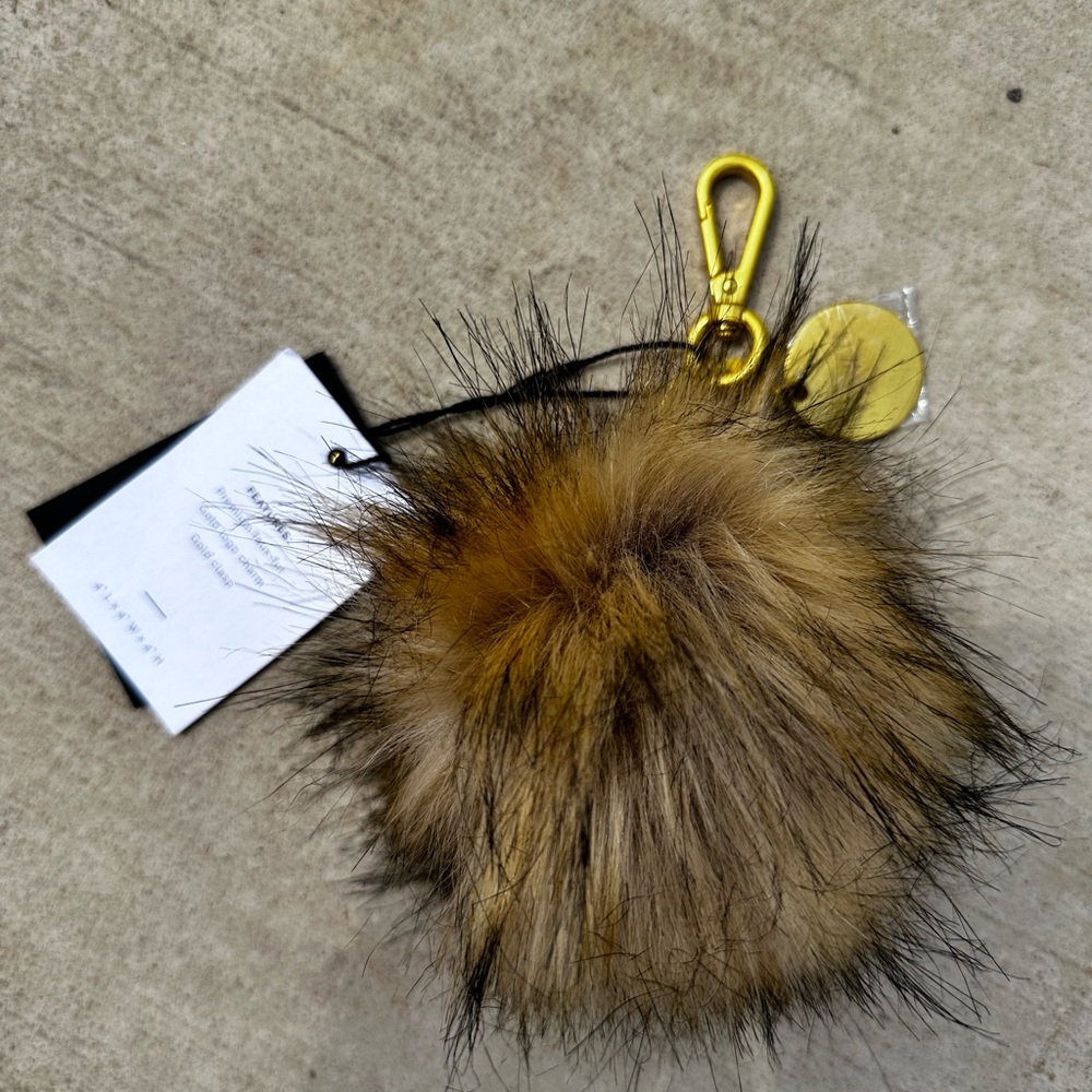 Fawn Design Faux Fur pouf keychain. Brown and Black with gold ring.